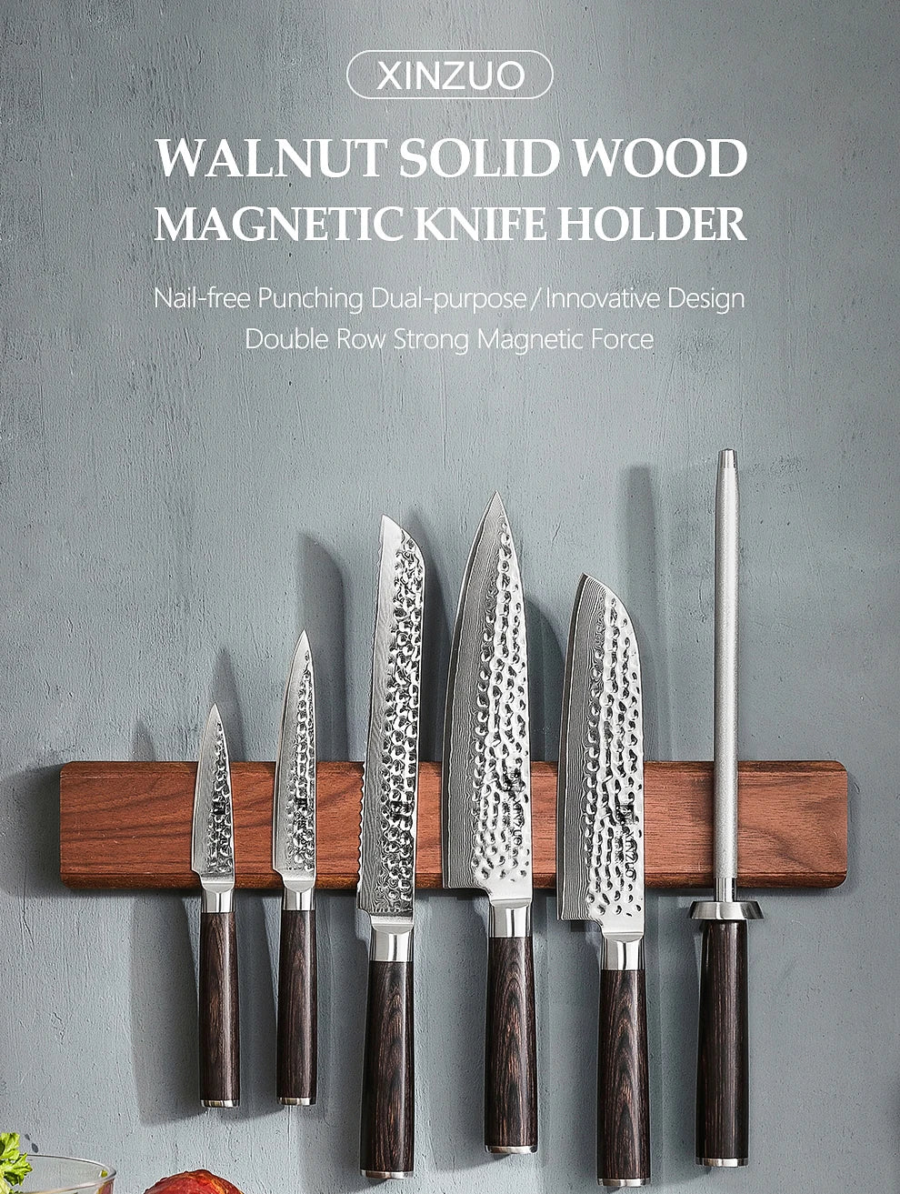 XINZUO 40cm Walnut Solid Wood Magnetic Knife Holder Double Row Strong Magnetic Force No Nails/ Punching Kitchen Accessories