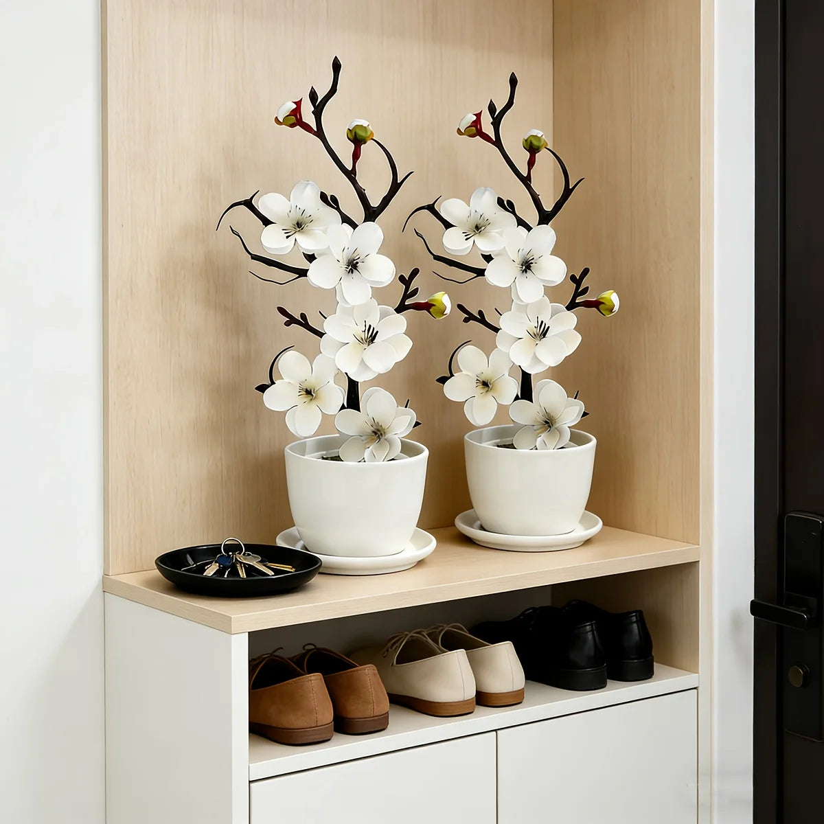 2Pcs Realistic Cream White Wintersweet Artificial Flowers, All-Season Faux Flowers for Holiday Home DIY Decor (No Vase)
