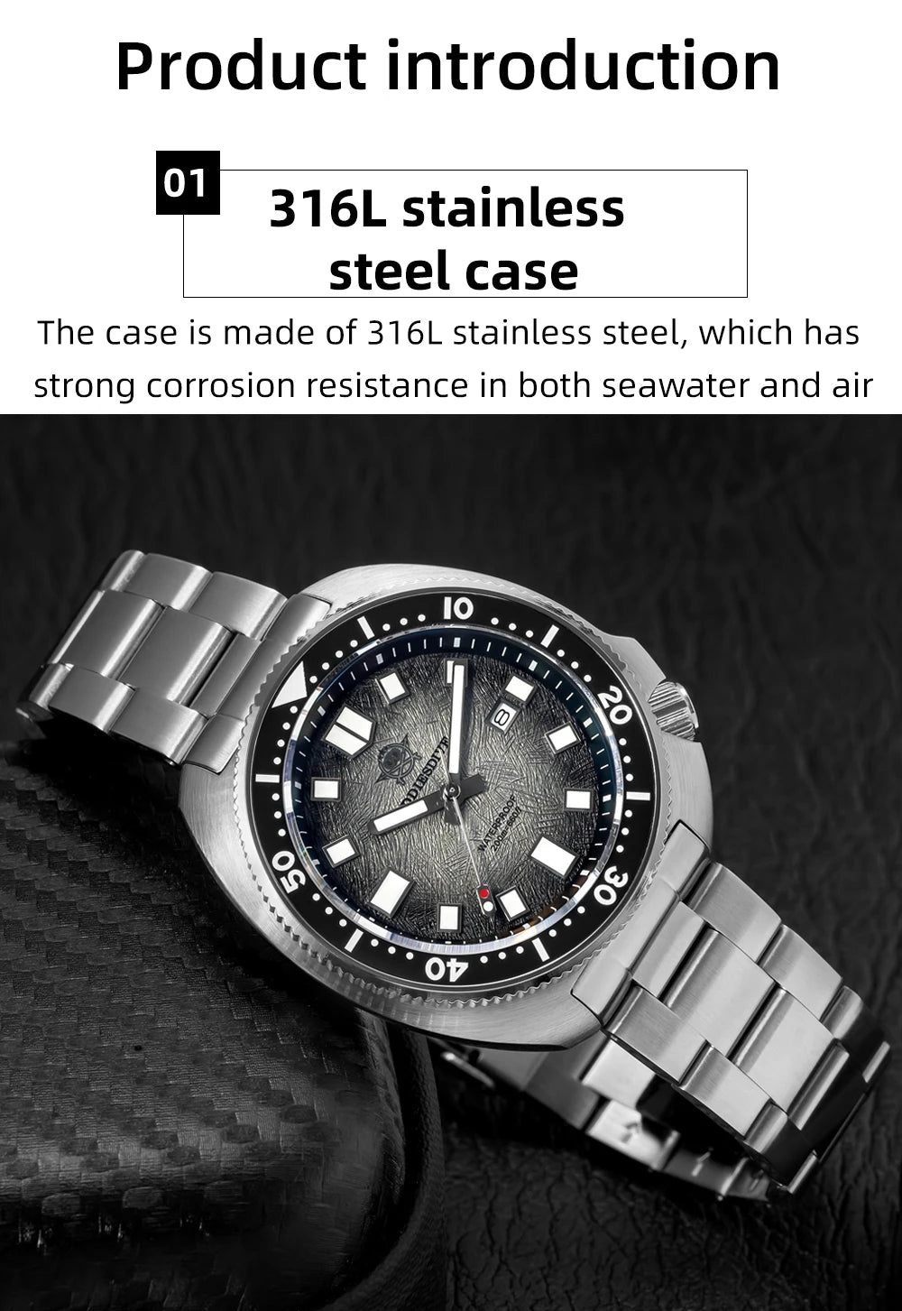 ADDIESDIVE New 43.8mm Watch for Men Dive AD2511 Luxury Sapphire Quartz Wristwatch 100m Waterproof Stainless Steel Luminous Watch
