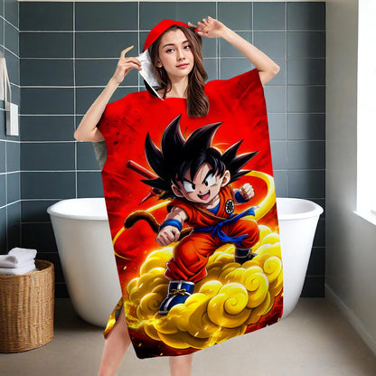 Dragon Ball Z Kid Goku Hooded Bath Towel, Parent-Child Matching Microfiber Quick Dry Absorbent Bathrobe Poncho for Beach Swim