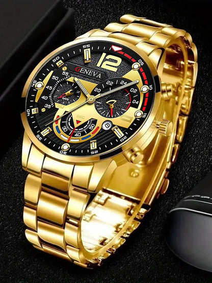 Men's Casual Fashion Quartz Watch Set with Ring Necklace Bracelet Combo Suitable for Daily Wear Perfect Father's Day Gift