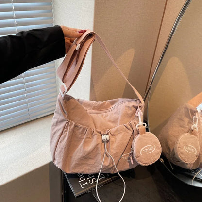 Chic Nylon Crossbody Bag Casual Drawstring Messenger Bag with Detachable Pouch, Adjustable Strap Shoulder Purse for Daily Travel