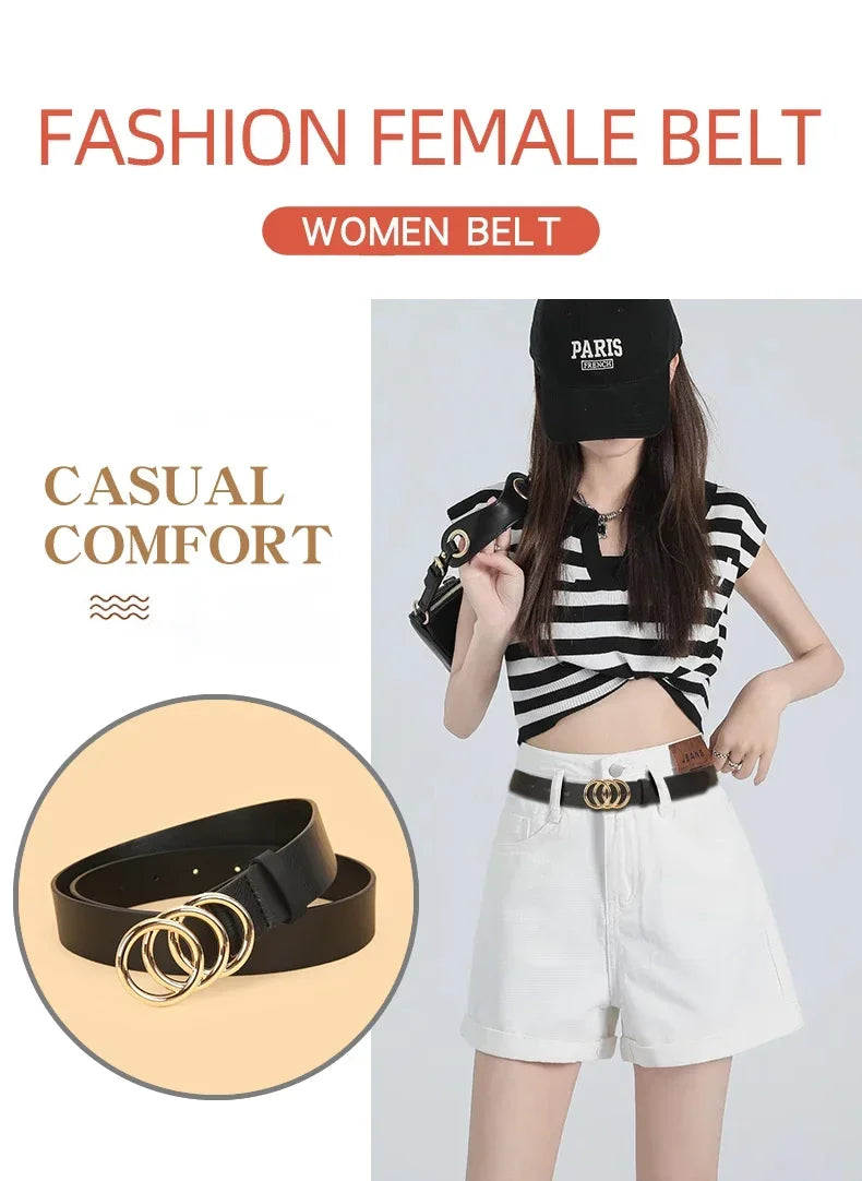 3pcs Women'S Belt Set - Chic  Versatile for Jeans, Dresses  Classic Belts with Dual Triple Ring Buckles, Elegant Solid Colors