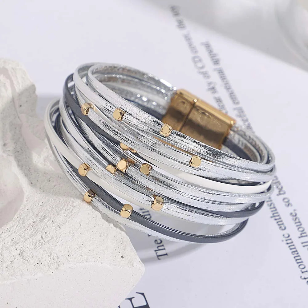 ALLYES Charm Triple Color Leather Bracelet for Women Bohemian Metal Beads Multilayer Thin Strip Wrap Bracelets Fashion Jewelry