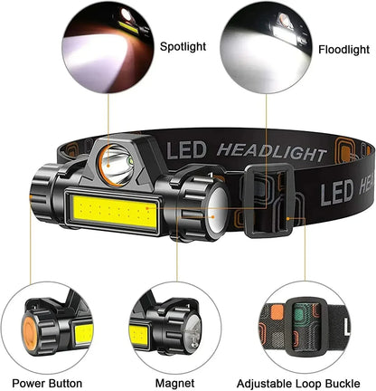1-5 szt. Akumulatorowa lampa czołowa COB Silne światło LED Magnetyczna potężna latarka Super Jasna Wodoodporna Czołówka Wędkarstwo na zewnątrz