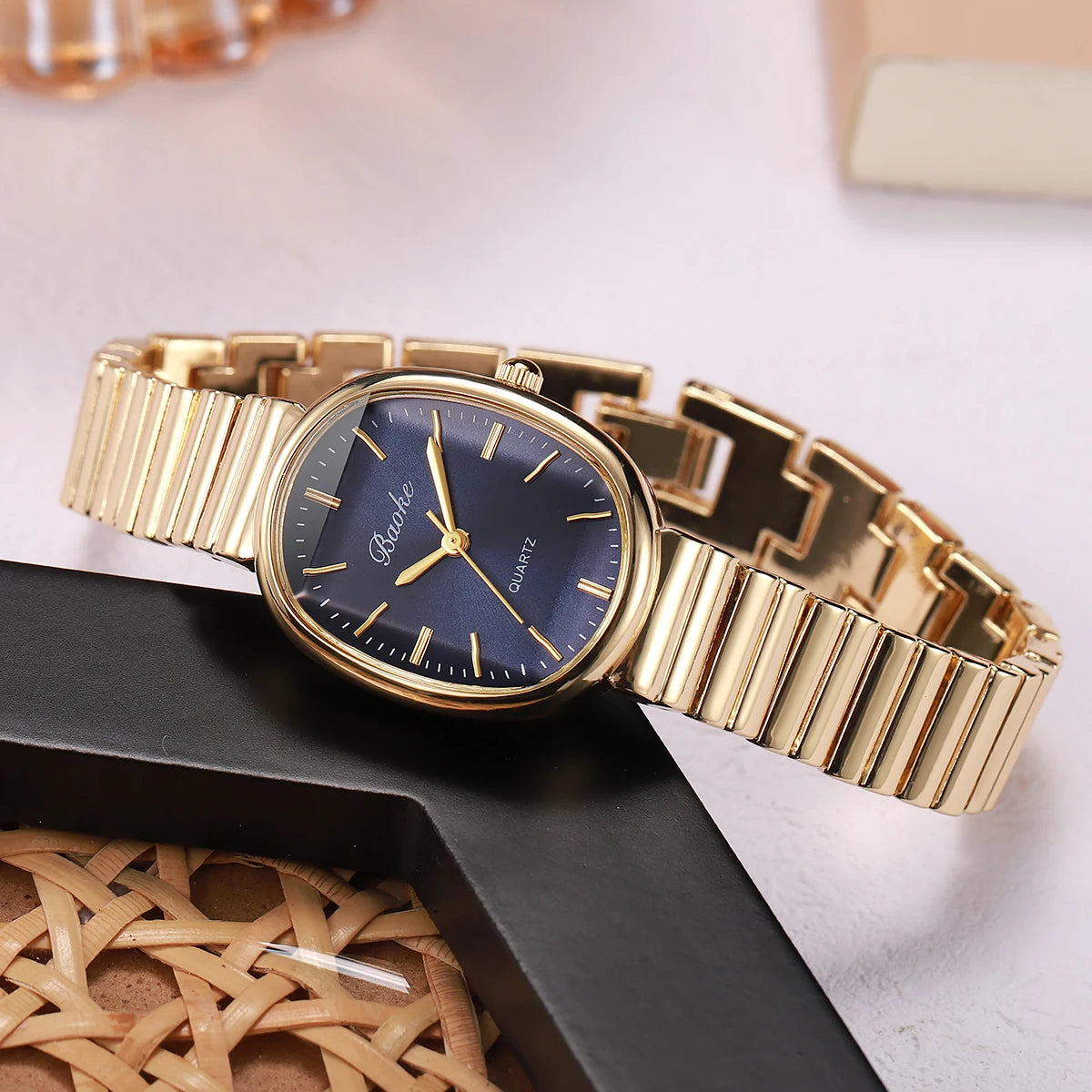 Elegant Blue Gem Gold Watch & Jewelry Set - Oval Navy Dial Quartz Watch, Starflower & Teardrop Crystal Bracelets, Sunburst & Rou