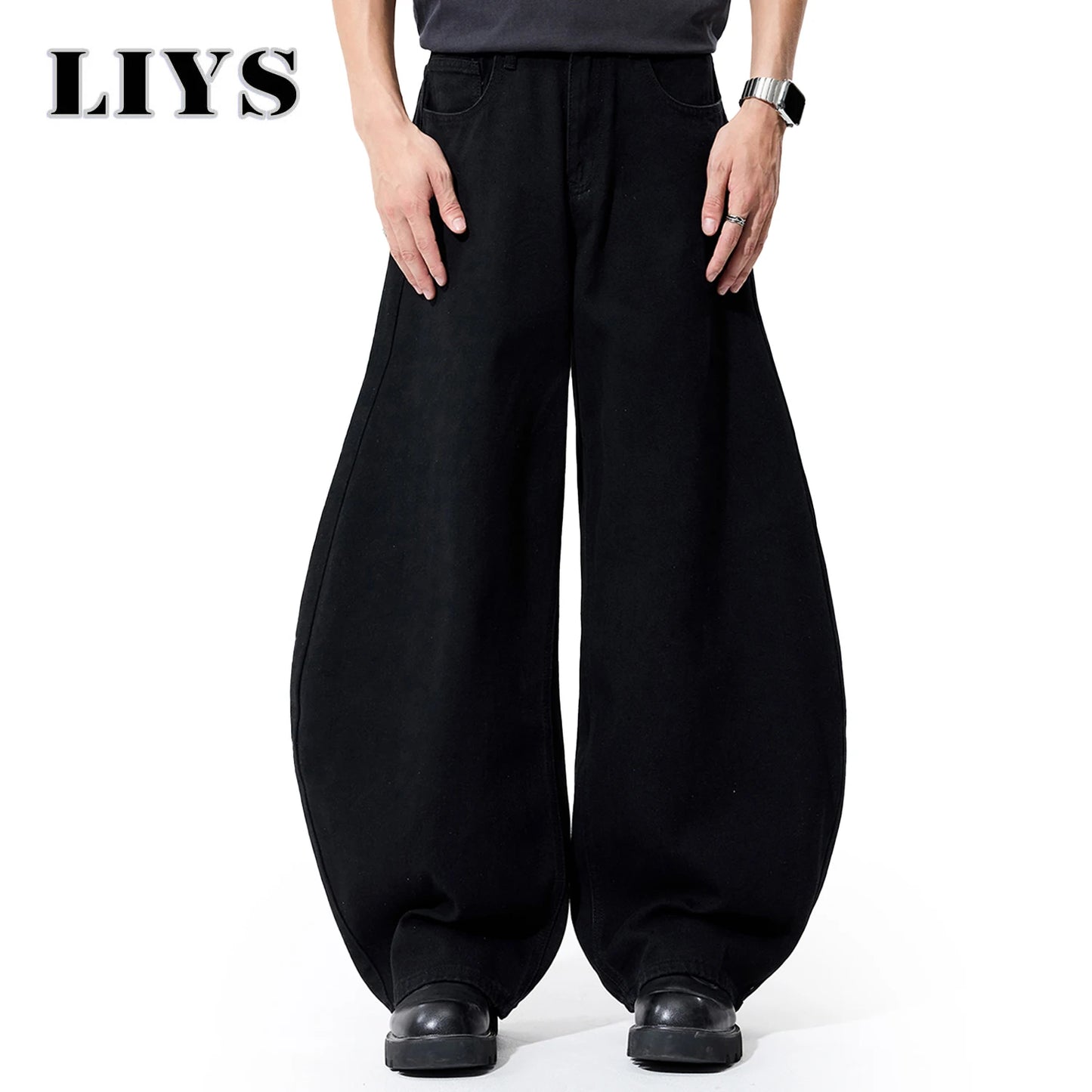Liys Men's Black Ultra Wide Leg Jeans Baggy Fitting Denim Pants Man Solid Streetwear Daily Casual Fashion Lantern Balloon Jeans