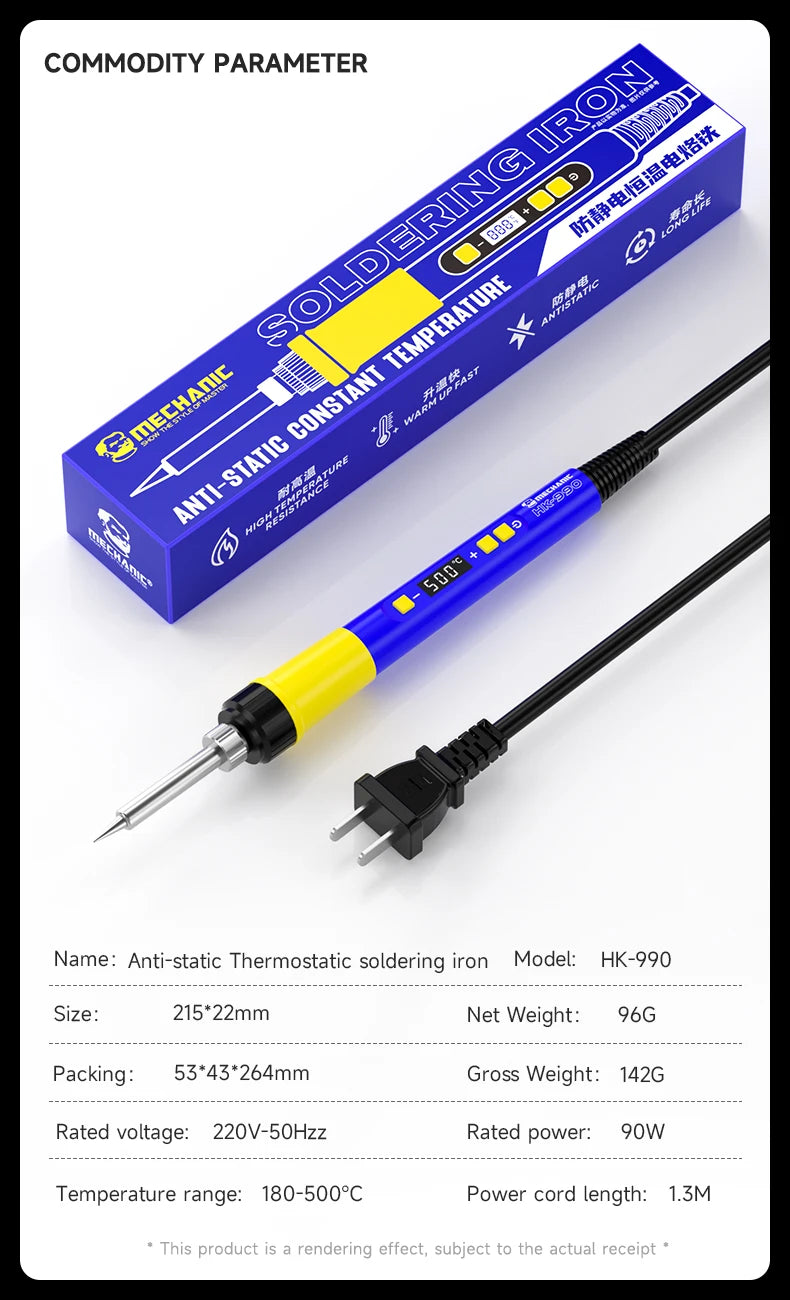 Mechanic HK-990 Thermostatic Electric Soldering Iron 90W High Power Anti-static Adjustable Portable Welding Solder Repair Tool
