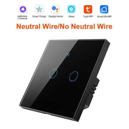 Tuya Smart Wifi Light Switch No Neutral Wire Touch Panel EU 1/2/3 Gang Wall Switch Wireless Control Voice Control Alexa Google