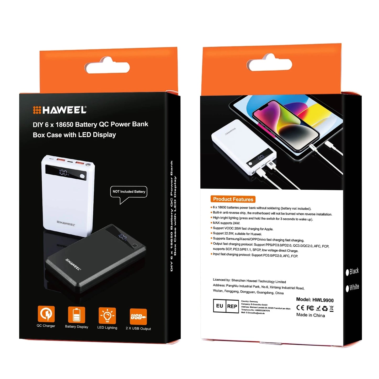 HAWEEL DIY 6 x 18650 Battery 24W Fast Charge Power Bank Box Case with Display Not Include Battery