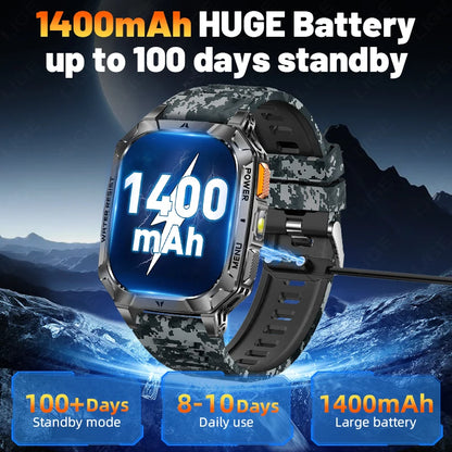LIGE Military 1400mAh Smart Watch For Men 2.01" HD Screen Waterproof 100+Sports Mode LED Flashlight Smartwatch For Android iOS
