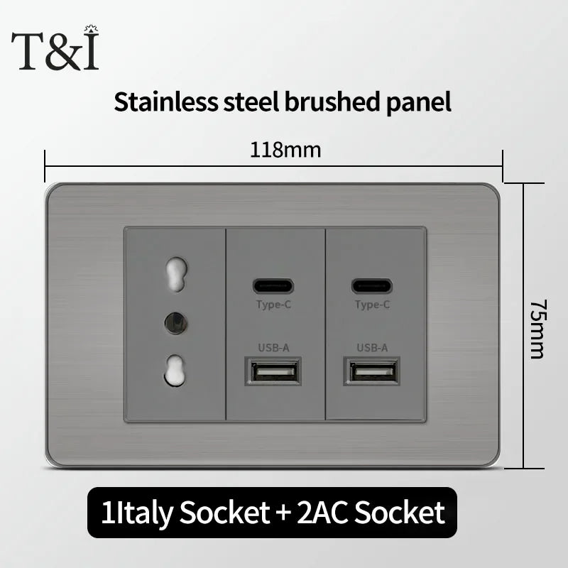 118 US Mexico Grey Stainless Steel Brushed 2way Electrical Light Switch Home Wall Socket Plug Double USB Type-C Power Outlet