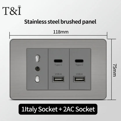 118 US Mexico Grey Stainless Steel Brushed 2way Electrical Light Switch Home Wall Socket Plug Double USB Type-C Power Outlet