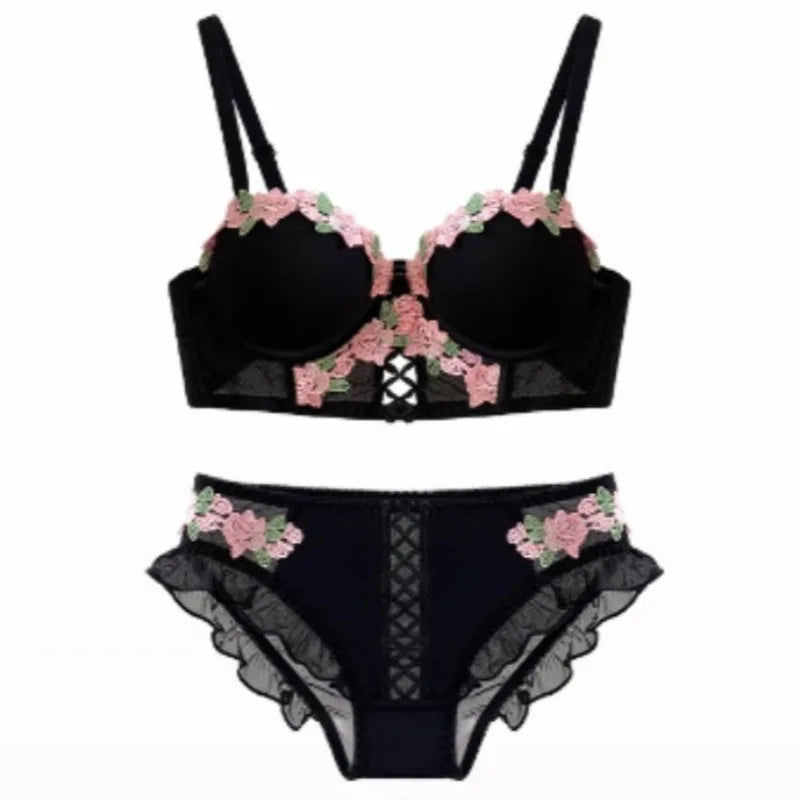 Women's Sweet Vintage Floral Embroidered Wireless Bra Set, Push Up Lace Bralette for Small Bust Daily Wear