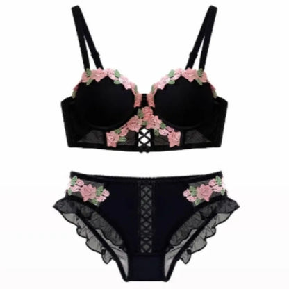 Women's Sweet Vintage Floral Embroidered Wireless Bra Set, Push Up Lace Bralette for Small Bust Daily Wear