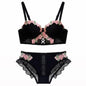 Women's Sweet Vintage Floral Embroidered Wireless Bra Set, Push Up Lace Bralette for Small Bust Daily Wear