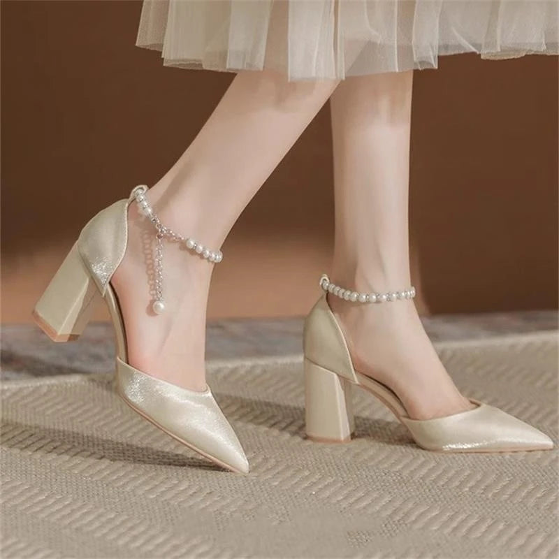 Elegant Pearl Embellished Pointed Toe Chunky Heel Open Toe High Heels Wedding Shoes for Women Comfortable Dress Pumps Stylish