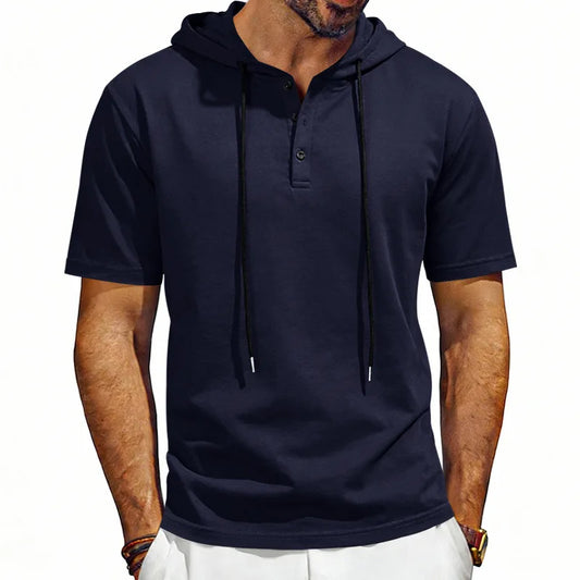 Summer Men's Short Sleeve Hooded T-Shirt Henry Neckline Drawstring Design Casual Loose Breathable Sporty Vest