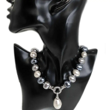 Luxury style Cultured 12-15m White Potato Freshwater Pearl Necklace Cz Pave Shell Pearl Pendant Weddding