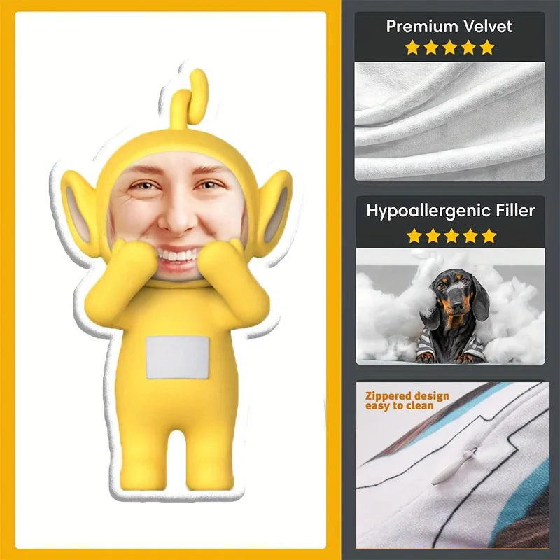 Customizable plush cartoon doll pillow with personal photo facial design, happy yellow characters, expressive eyes and smiling