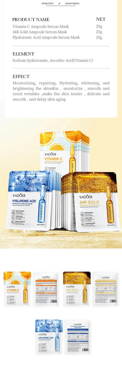 10-Piece Set Sadoer 24K Gold Vitamin C Hyaluronic Acid Mask Moisturizing Firming Hydrating Facial Care Mask Skincare Products