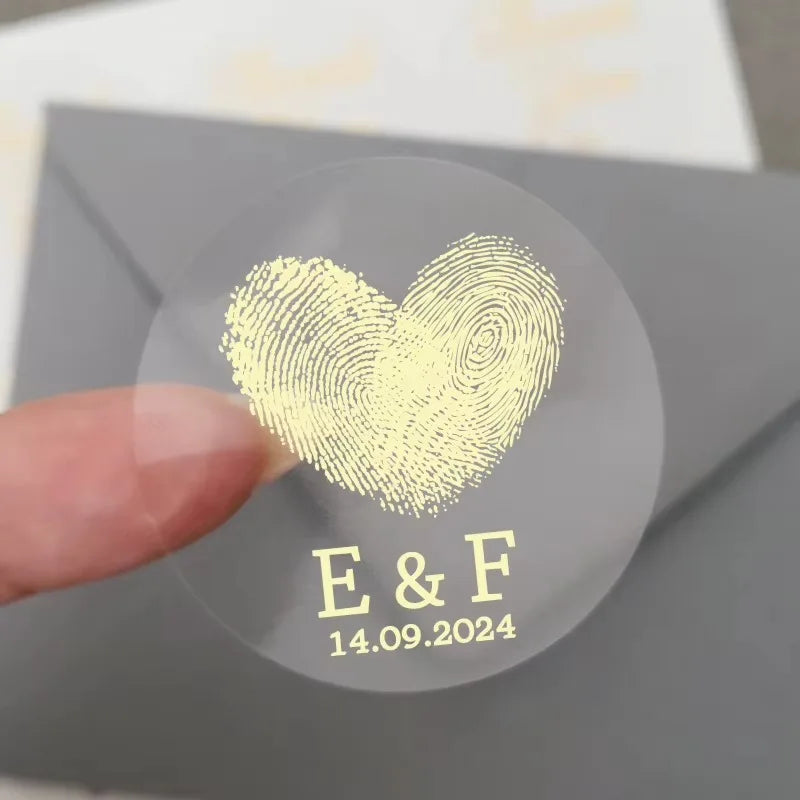 50pcs Custom Transparent Wedding Stickers, Square Transparent Stickers, Personalized Wedding Stickers with Gold Foil Labels