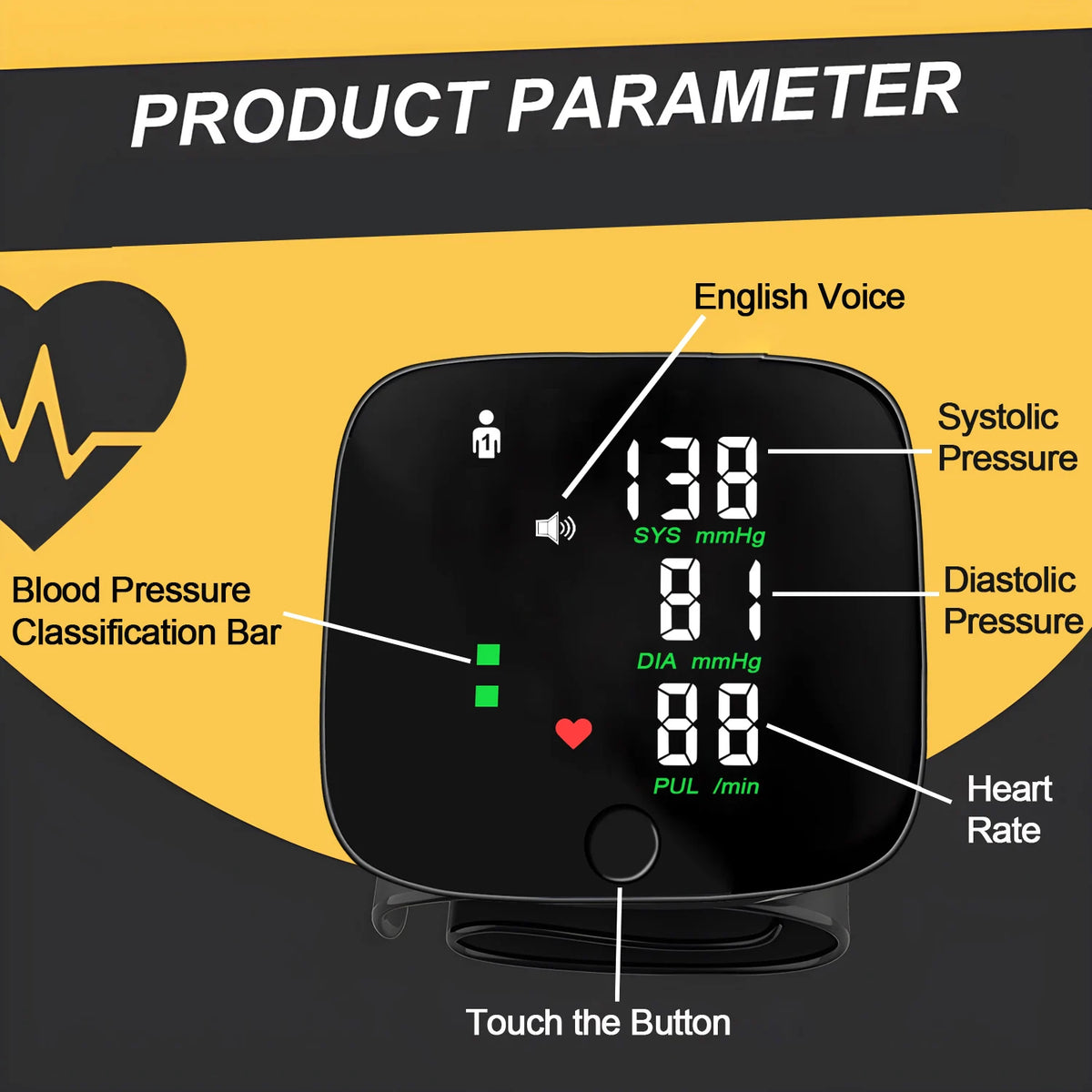 Rechargeable Blood Pressure Monitor 1 Users Medical Tonometer Wrist Cuff Digital Irregular Pulse Heart Rate Tensiometer
