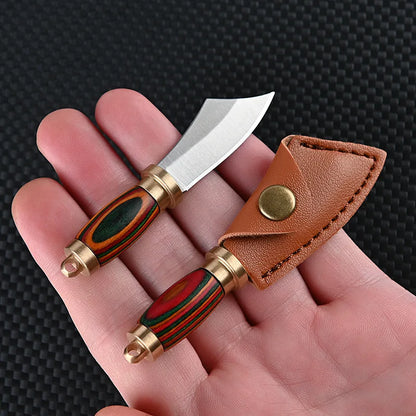 Portable Mini Knife Brass Wood Unboxing Hollow Blade EDC Fixed Blade Leather Cover Cutter Outdoor Surivival Tools Gift