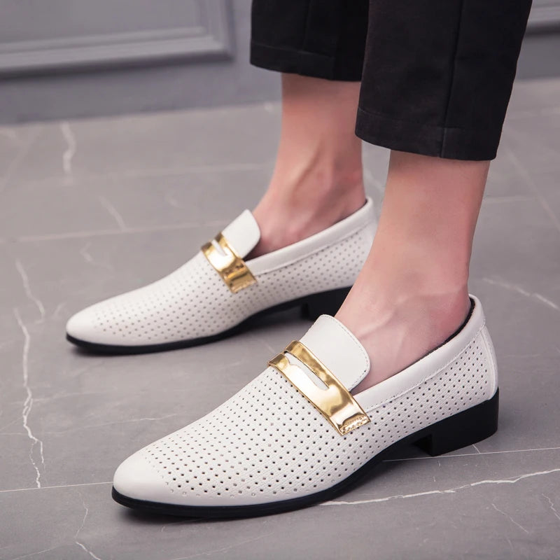 Men's summer hollow breathable double-layer casual shoes Men Slip on Wedding Dress Men's summer hollow breathable leather shoes