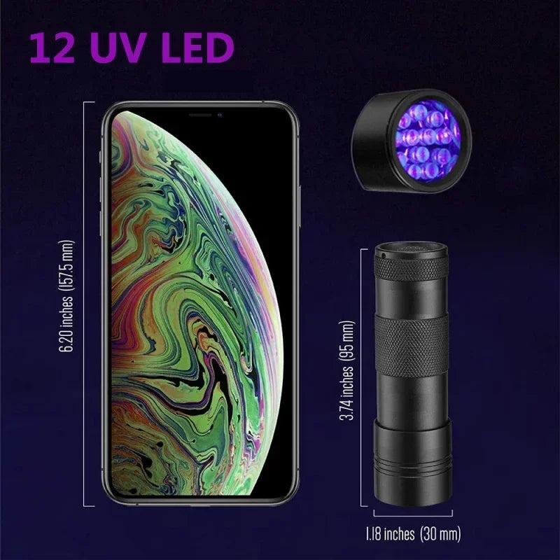 395nm UV Flashlight 9/12LED UV Gel Curing Light Ultraviolet Light Blacklight Detector for Pet Urine Scorpion Jewellry Inspection