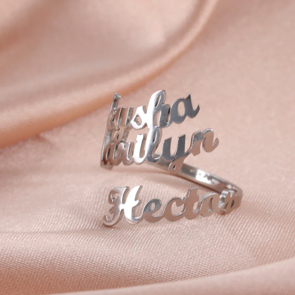 Custom Double First Name Finger Ring For Women Men Personalized Couple Wedding Gift Gold Color Stainless Steel Open Ring Jewelry