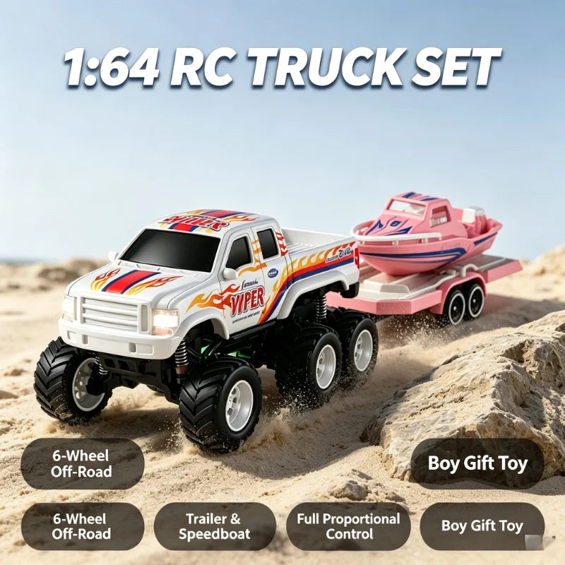 JJRC 1:64 Mini 6-Wheel Alloy RC Offroad Pickup Truck With Trailer & Speedboat Full Proportional Remote Control Car Boys Gift Toy