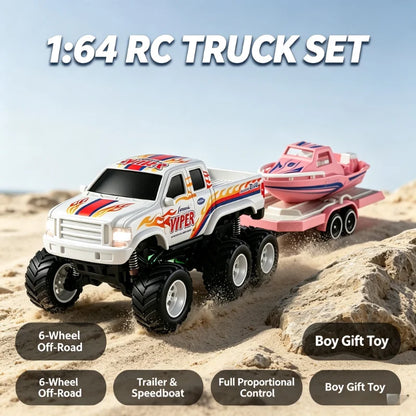 JJRC 1:64 Mini 6-Wheel Alloy RC Offroad Pickup Truck With Trailer & Speedboat Full Proportional Remote Control Car Boys Gift Toy