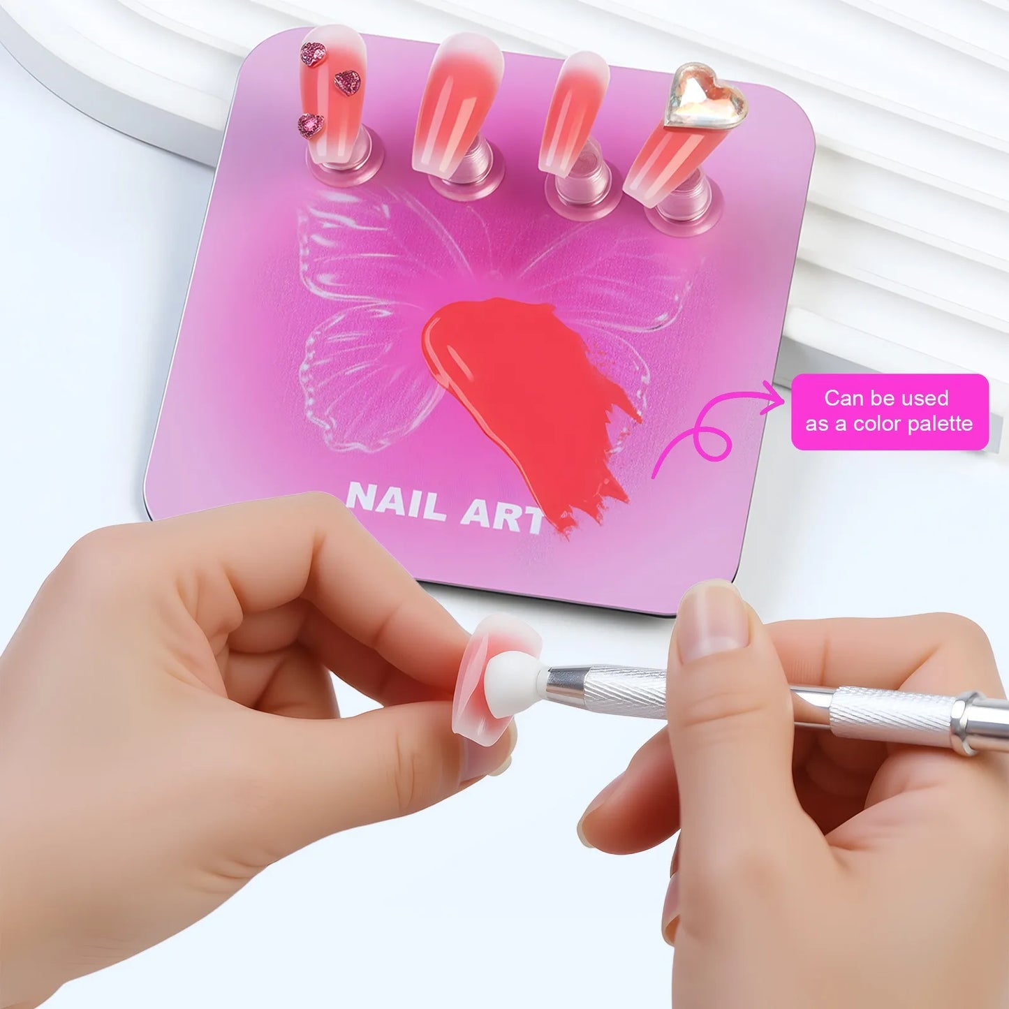Pink Butterfly Nail Holder 6Pcs/Set False Nail Tip Practice Stand Aurora Base Full Magnetic Holder Tray Nail Art Salon Practice