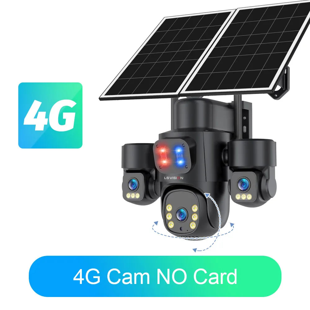 LS VISION 4G / WiFi Solar Camera 3Lenses Outdoor 15MP 4K Low Power Battery IP Camera PIR Night Vision V380 Pro CCTV Security