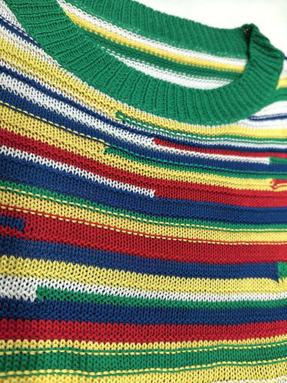 Multi-color rainbow-striped knitted round-neck short-sleeved dress, suitable for various daily outfits, elegant and casual women