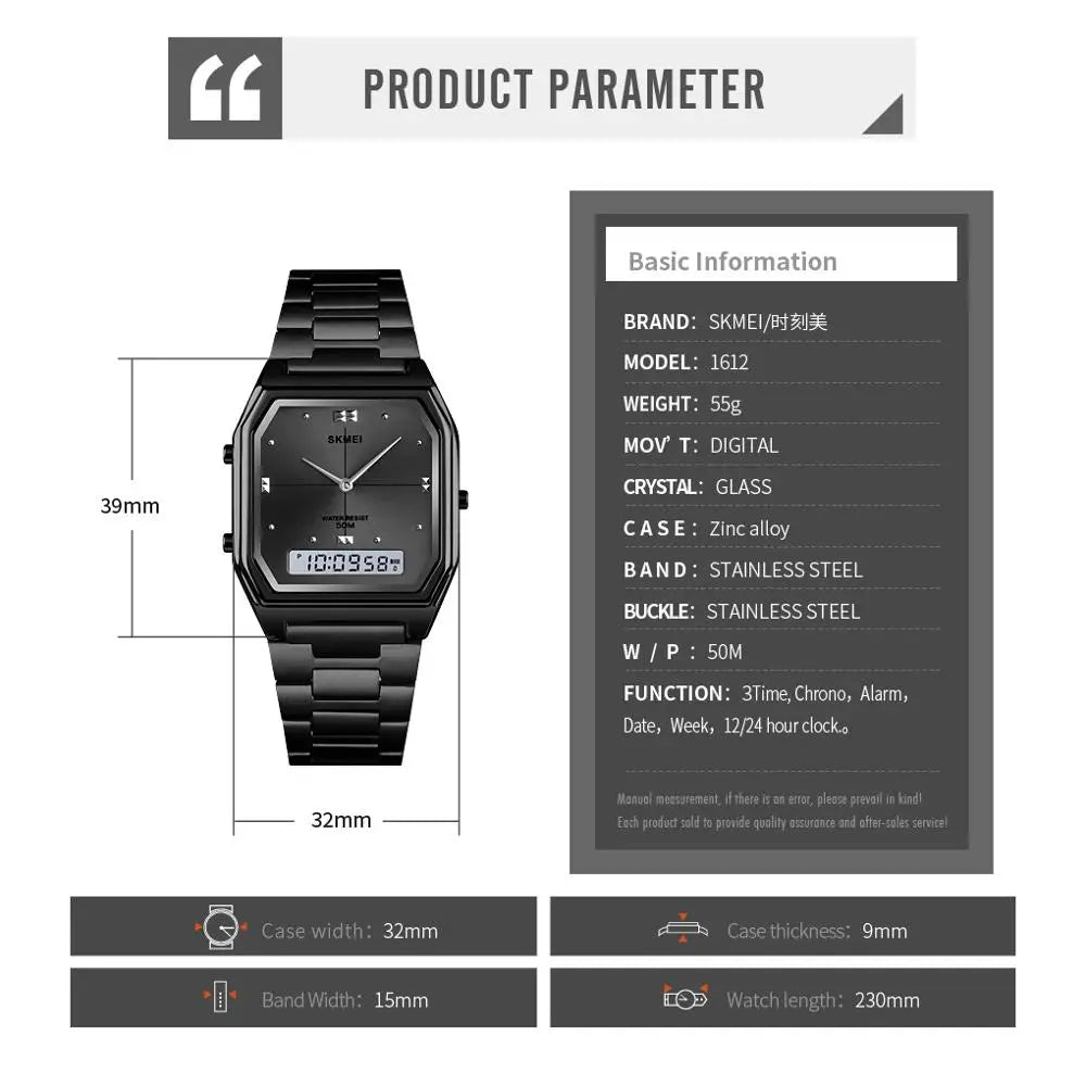 SKMEI Waterproof Stainless Steel Strip Digital Wristwatches For Men Women Alarm 3 Time Chrono Watches Fashion Electronics Watch