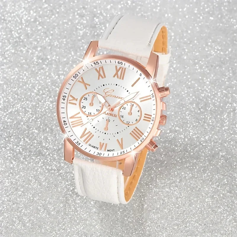 9-piece fashionable watch set, unisex quartz movement, round zinc alloy case, faux leather strap, none, mixed colors,