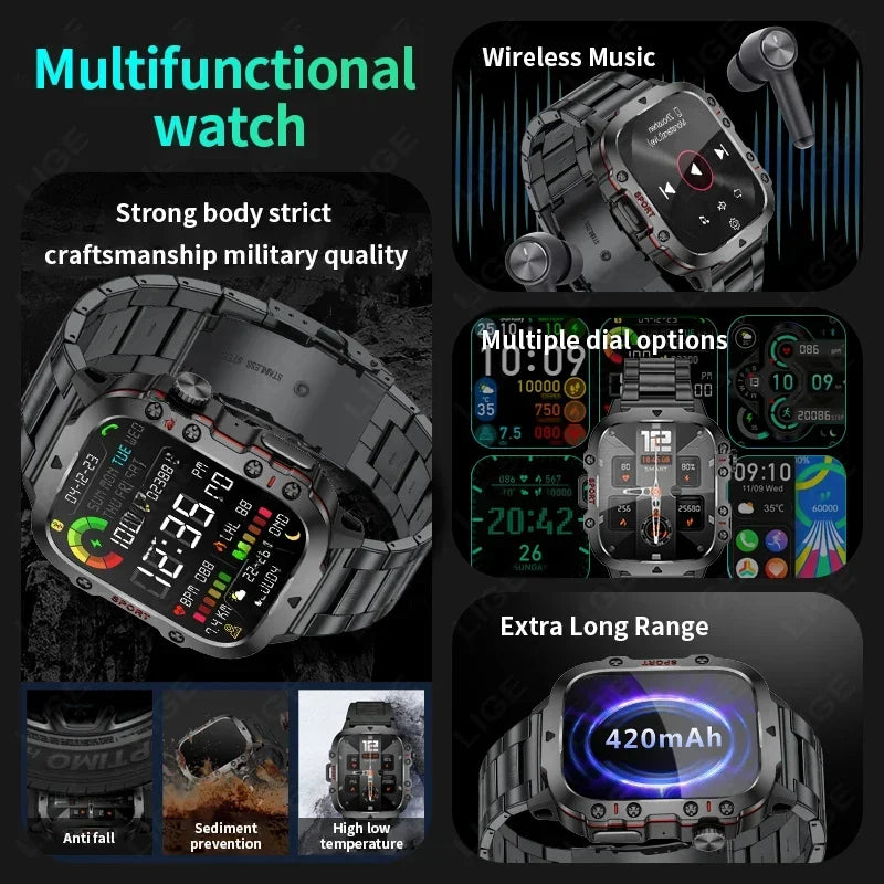 LIGE Outdoor Men's Sports Smart Watch 2.01 inch HD Screen Fitness Monitor Bluetooth Call Smartwatch For Men Women Holiday Gifts