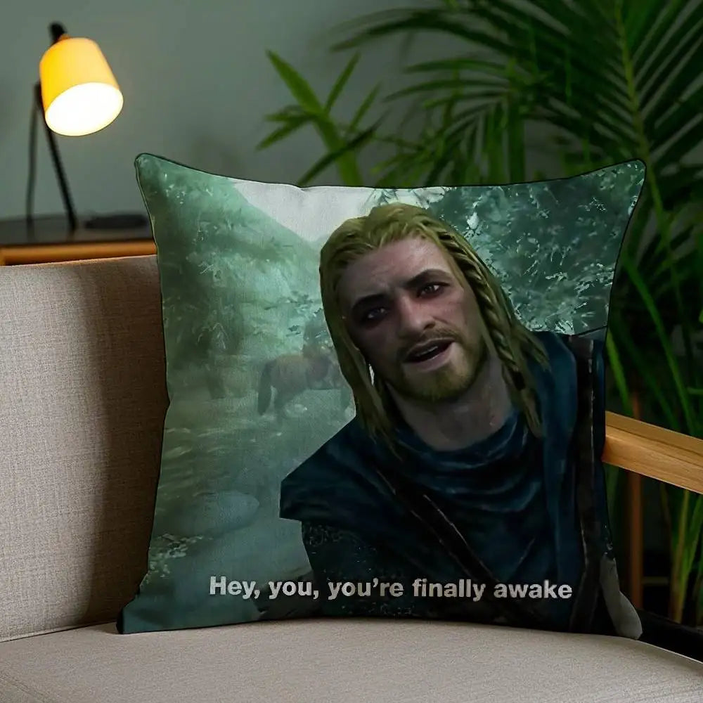 Hey You Youre Finally Awake Skyrim Meme Pillow Case Cozy Plush Pillow Cover Double Side Printed – Home Gift for Bedroom Decor