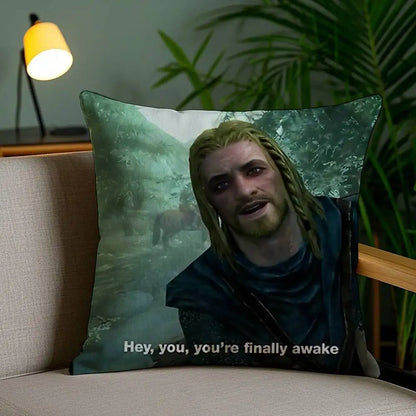 Hey You Youre Finally Awake Skyrim Meme Pillow Case Cozy Plush Pillow Cover Double Side Printed – Home Gift for Bedroom Decor
