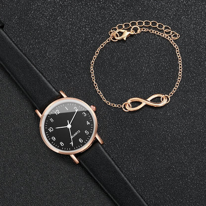 2PCS/Set Women's Watch Fashion Small Arabic Dial Quartz Watches Casual Leather Band Wristwatches Bracelet Set（Without Box）