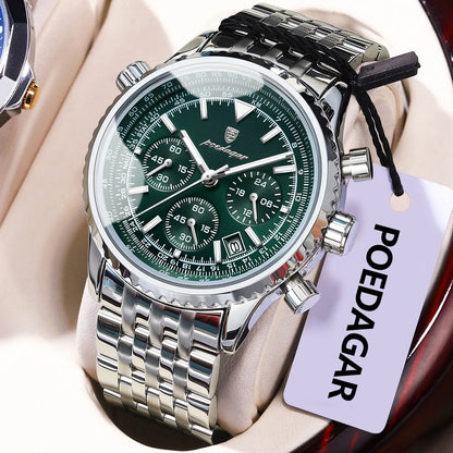 POEDAGAR Luxury Fashion Men Watch Stainless Steel Waterproof Luminous Quartz Male Clock Date Chronograph Military Men's Watches