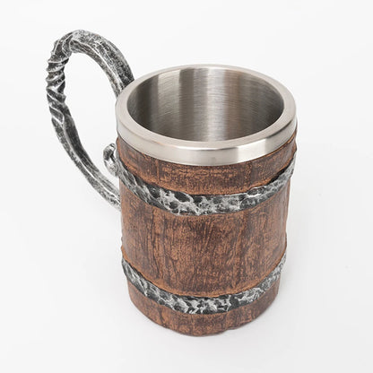Wooden Barrel Beer Cup Stainless Steel Coffee Mug Viking Style Vintage Beer Mug Double Wall Drinking Cup Halloween Bar Drinkware