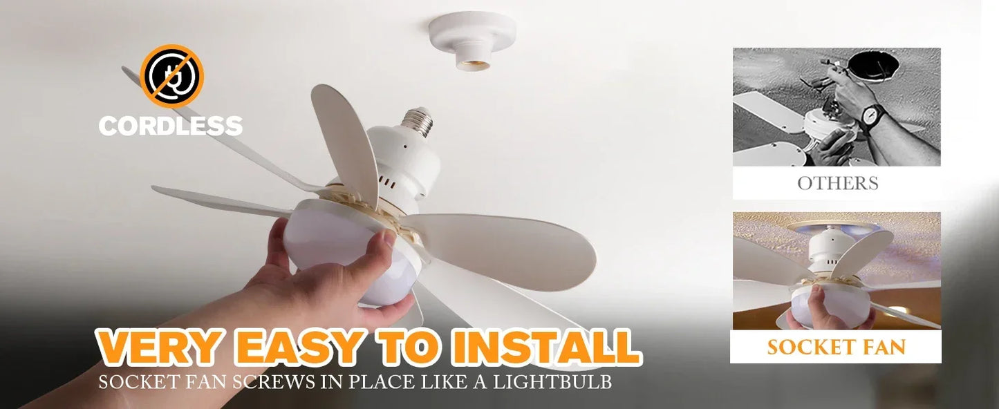 Cordless Light Socket Fan for Kitchen Bedroom Small Room LED Socket Fan Light with Remote Small Ceiling Fan with Light