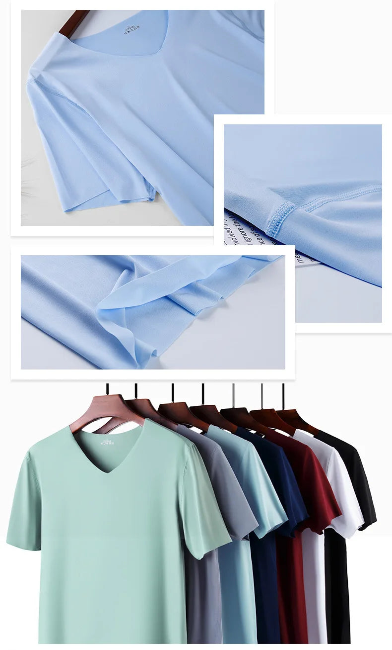 1pcs Men T-shirts Ice Silk Traceless Slim T Shirt For Man Seamless Casual V-neck Short Sleeve Tee Male Summer Thin Clothing Tops