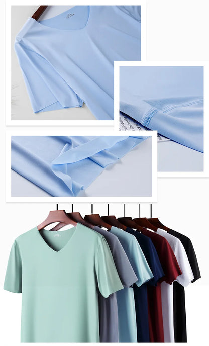 1pcs Men T-shirts Ice Silk Traceless Slim T Shirt For Man Seamless Casual V-neck Short Sleeve Tee Male Summer Thin Clothing Tops