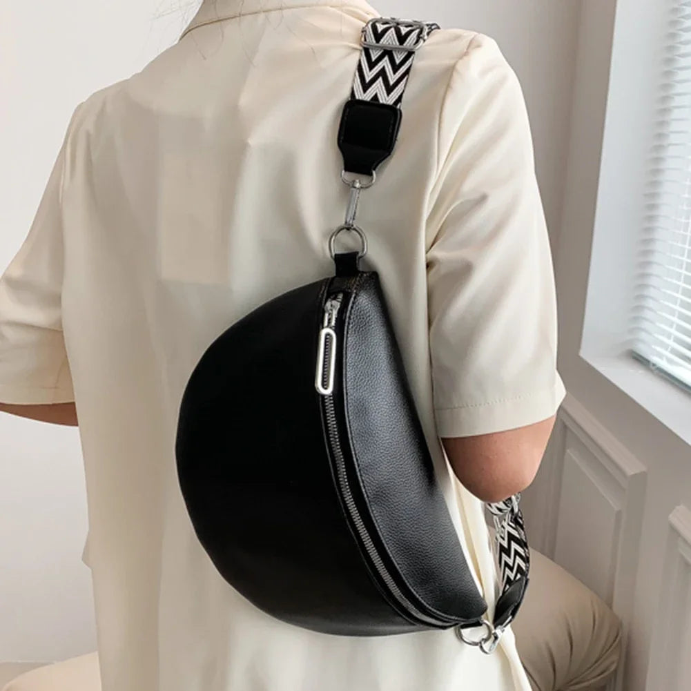 2024 Luxury Designer Women's Chest Bag PU Leather Wide Strap Shoulder Crossbody Bag Female Fashion Fanny Pack Banana Waist Bag