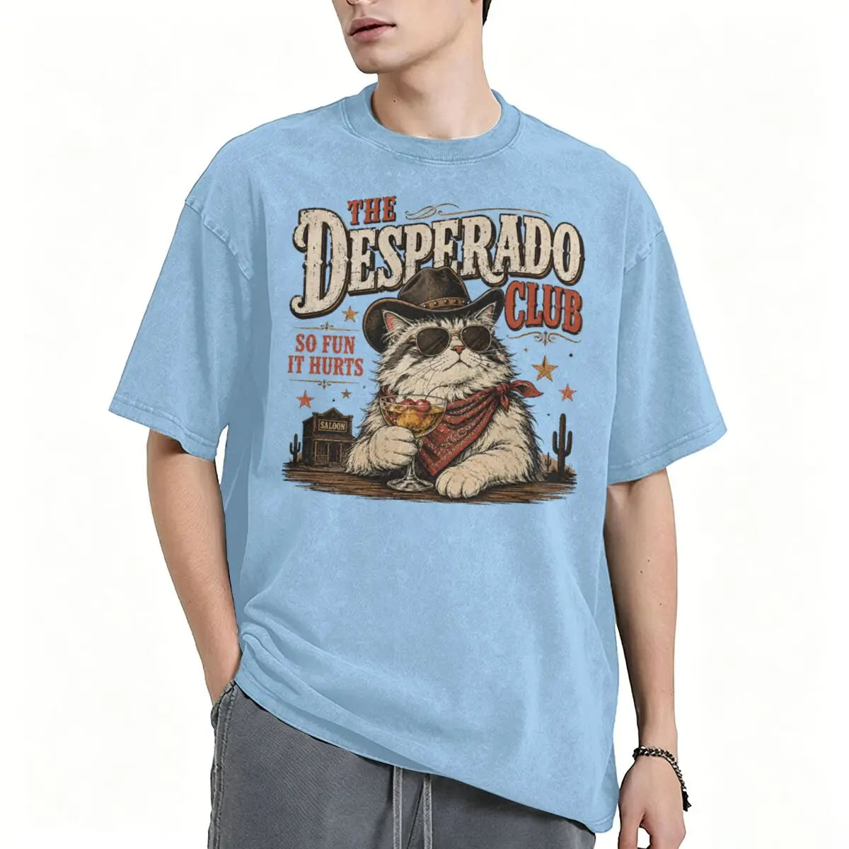 Vintage Washed Western Cowboy Cat T-shirt Cute Animal Manga T-shirts Men Women Cotton Casual Oversized T Shirt Tops
