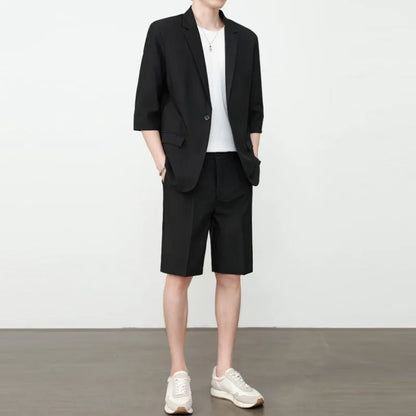 KIDWHXR Summer Men Outfit Thin Breathable Solid Color Male 2-piece Suit Set Loose Business Casual Man Short Sleeve Suits